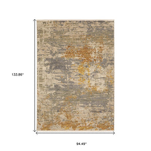 HomeRoots 3' Elevate Your Home Aesthetic with a Beige and Gold Abstract Area Rug Featuring Elegant Fringe 8' X 11' 576470