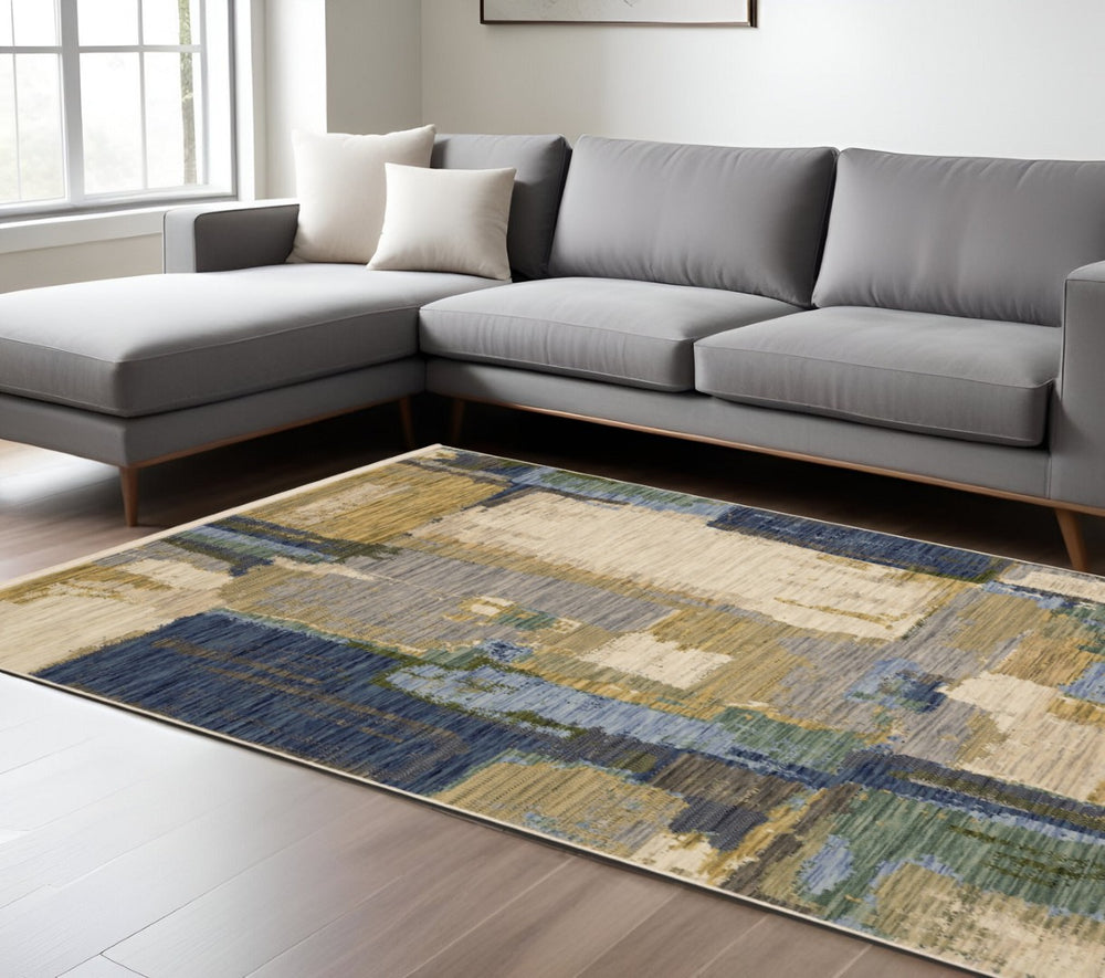 HomeRoots 5' Blue and Green Abstract Area Rug with Fringed Edges - Modern Soft Wool-Blend for Cozy Spaces 10' X 13' 576473