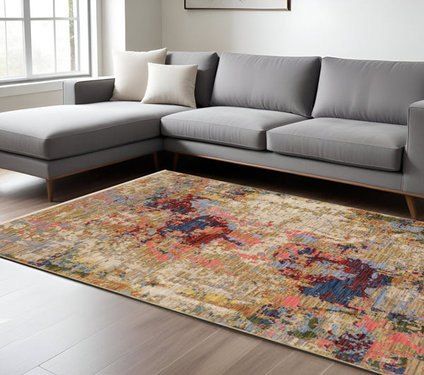 Homeroots 2' Beige Red And Blue Abstract Area Rug With Fringe - Add Warmth And Style To Your Living Space 10' X 13' Wool Blend 576475