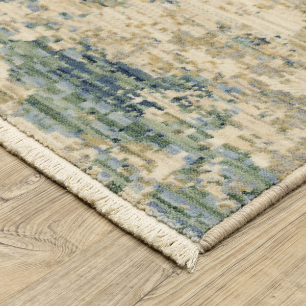 Homeroots 2' Stylish Beige And Blue Abstract Area Rug With Fringe For A Chic And Cozy Home Décor Touch 10' X 13' Wool Blend 576477
