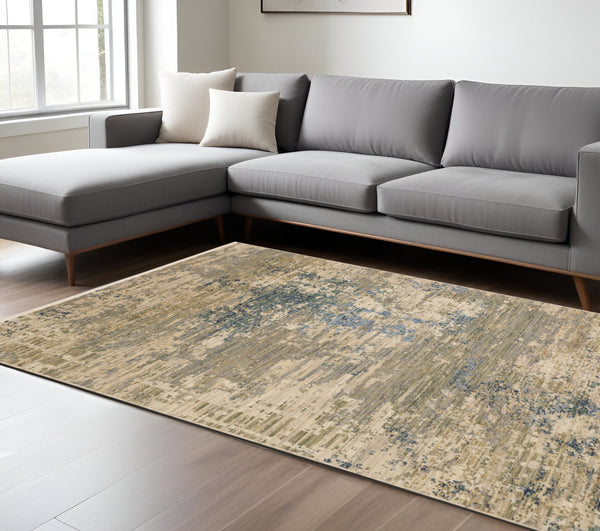 Homeroots 2' Stylish Beige And Blue Abstract Area Rug With Fringe For A Chic And Cozy Home Décor Touch 8' X 11' Wool Blend 576478