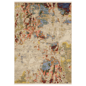HomeRoots 3' Soft Wool-Blend Beige Salmon Yellow Abstract Area Rug with Fringed Edges for Modern Spaces 10' X 13' 576481