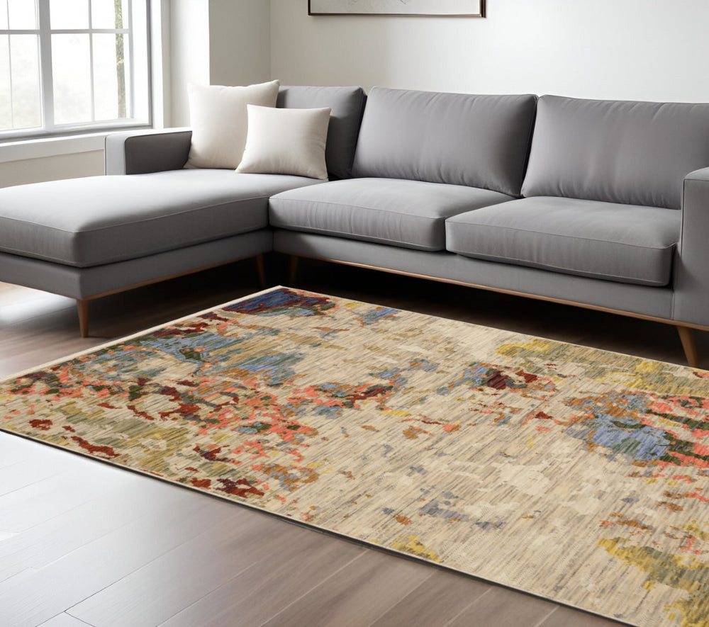 HomeRoots 3' Soft Wool-Blend Beige Salmon Yellow Abstract Area Rug with Fringed Edges for Modern Spaces 8' X 11' 576482