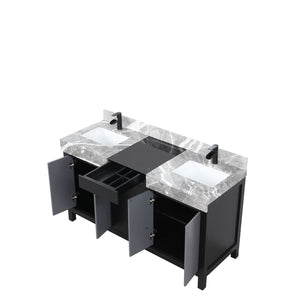 English Elm Black Double Bath Vanity 60" W With Castle Grey Marble Top, Matte Black Faucet Set & Ample Storage B2731P261107