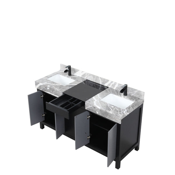English Elm Black Double Bath Vanity 60" W With Castle Grey Marble Top, Matte Black Faucet Set & Ample Storage B2731P261107
