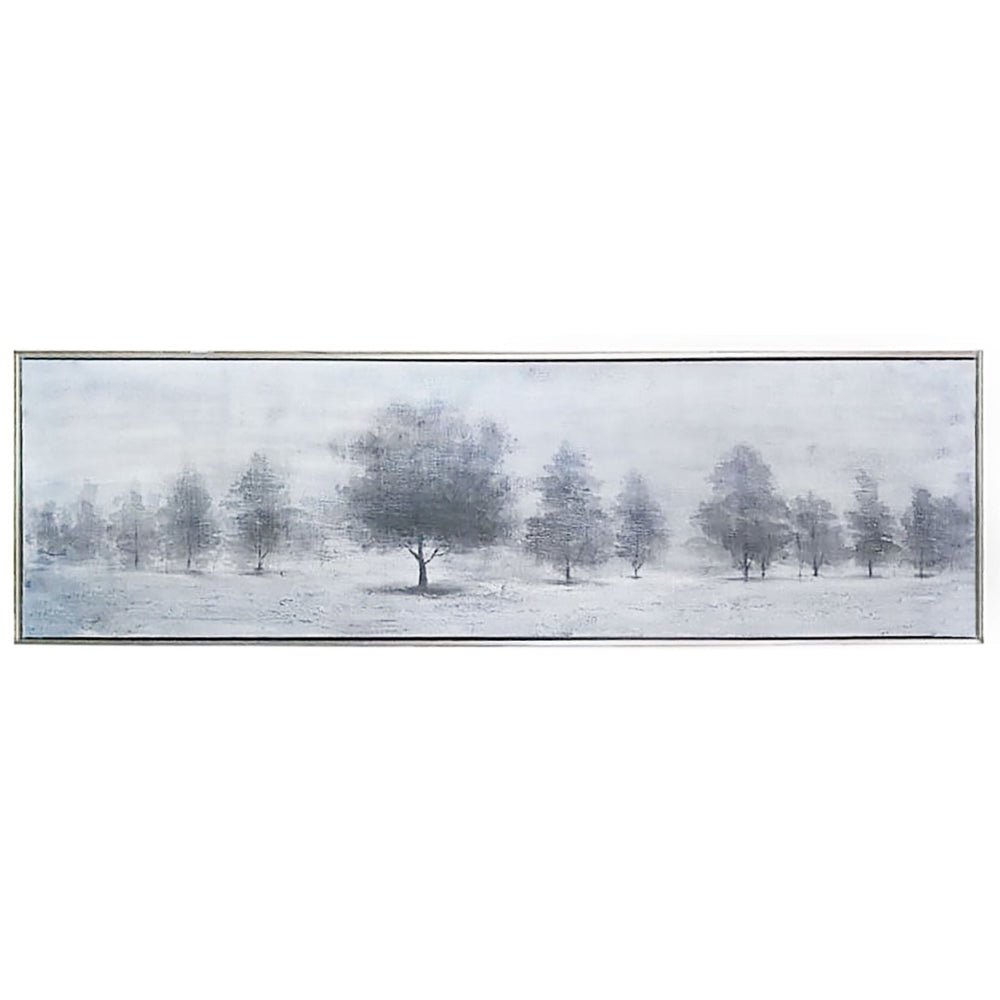 HomeRoots Trees at Dusk Hand-Painted Canvas Art in Silver Floater Frame – Serene Wall Décor for Any Room 576556