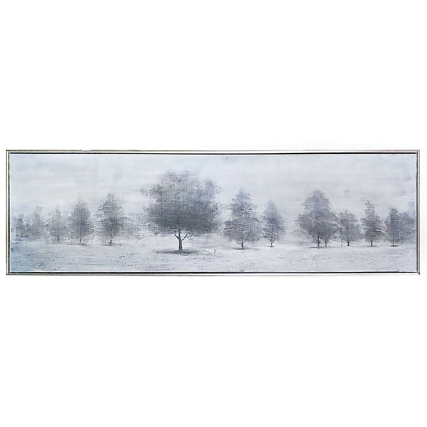 HomeRoots Trees at Dusk Hand-Painted Canvas Art in Silver Floater Frame – Serene Wall Décor for Any Room 576556
