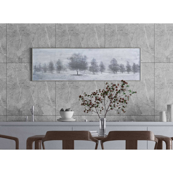 HomeRoots Trees at Dusk Hand-Painted Canvas Art in Silver Floater Frame – Serene Wall Décor for Any Room 576556