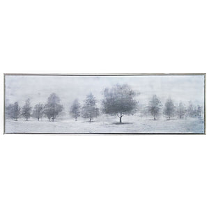 HomeRoots Trees at Dusk Hand-Painted Canvas Art in Silver Floater Frame – Serene Wall Décor for Any Room 576556