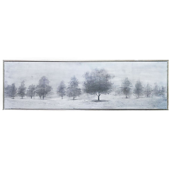 HomeRoots Trees at Dusk Hand-Painted Canvas Art in Silver Floater Frame – Serene Wall Décor for Any Room 576556