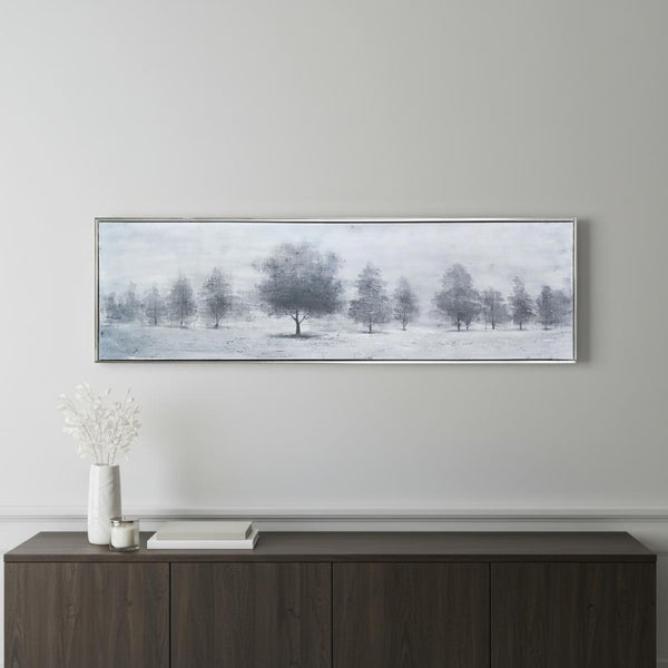 HomeRoots Trees at Dusk Hand-Painted Canvas Art in Silver Floater Frame – Serene Wall Décor for Any Room 576556