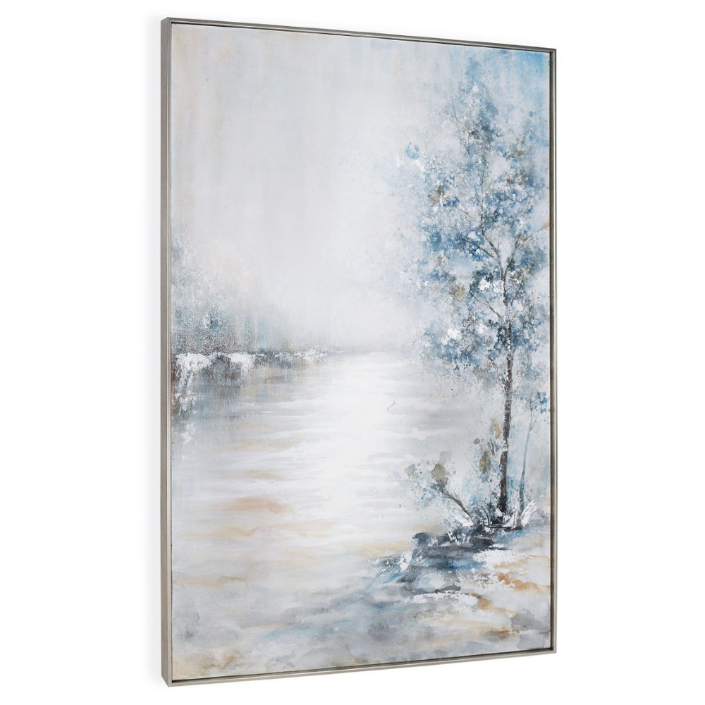 HomeRoots Blue Meadow Hand-Painted Canvas Wall Art in Silver Floater Frame - Contemporary Home Décor Accent 576557