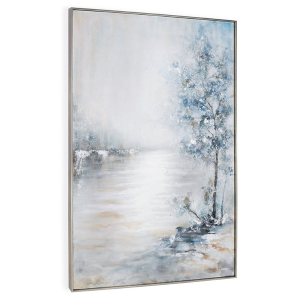 HomeRoots Blue Meadow Hand-Painted Canvas Wall Art in Silver Floater Frame - Contemporary Home Décor Accent 576557
