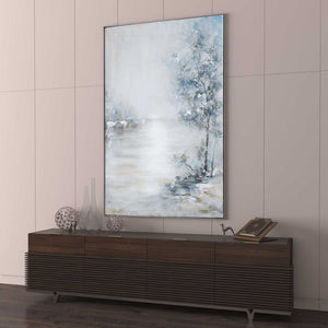 HomeRoots Blue Meadow Hand-Painted Canvas Wall Art in Silver Floater Frame - Contemporary Home Décor Accent 576557