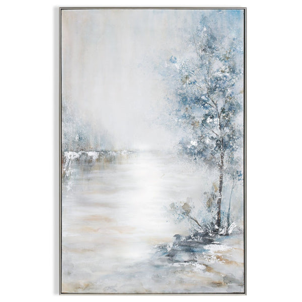HomeRoots Blue Meadow Hand-Painted Canvas Wall Art in Silver Floater Frame - Contemporary Home Décor Accent 576557
