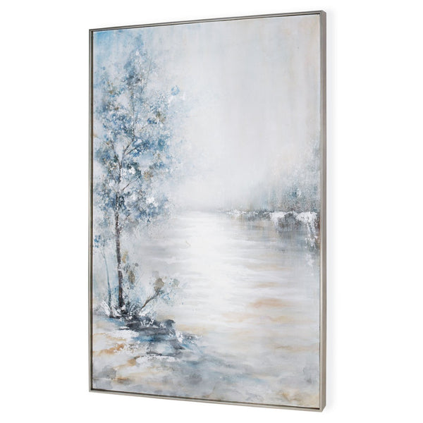 HomeRoots Blue Meadow Hand-Painted Canvas Wall Art in Silver Floater Frame - Contemporary Home Décor Accent 576557
