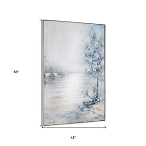 HomeRoots Blue Meadow Hand-Painted Canvas Wall Art in Silver Floater Frame - Contemporary Home Décor Accent 576557
