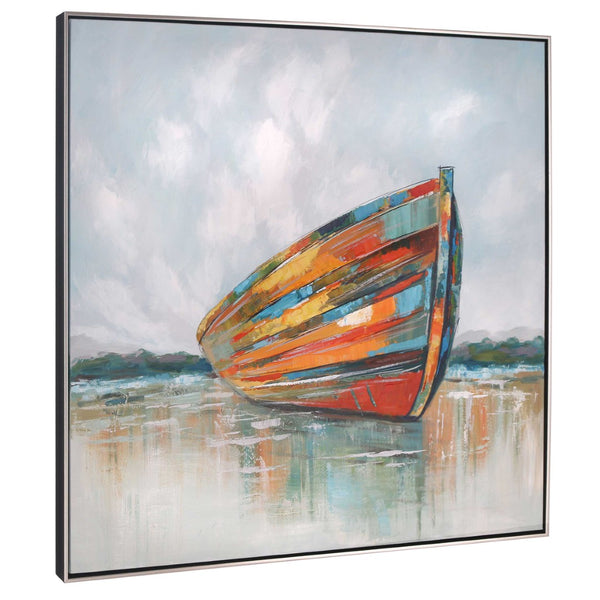 HomeRoots Calm Coastal Hand-Painted Canvas Wall Art in Silver Floater Frame - Elevate Your Space with Style 576564