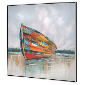 HomeRoots Calm Coastal Hand-Painted Canvas Wall Art in Silver Floater Frame - Elevate Your Space with Style 576564