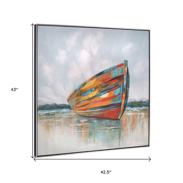 HomeRoots Calm Coastal Hand-Painted Canvas Wall Art in Silver Floater Frame - Elevate Your Space with Style 576564