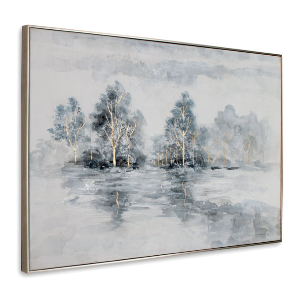 HomeRoots Winter's Woods Hand Painted Silver Floater Frame Art - Bold, Elegant Canvas for Modern Spaces 576574