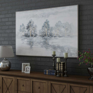 HomeRoots Winter's Woods Hand Painted Silver Floater Frame Art - Bold, Elegant Canvas for Modern Spaces 576574
