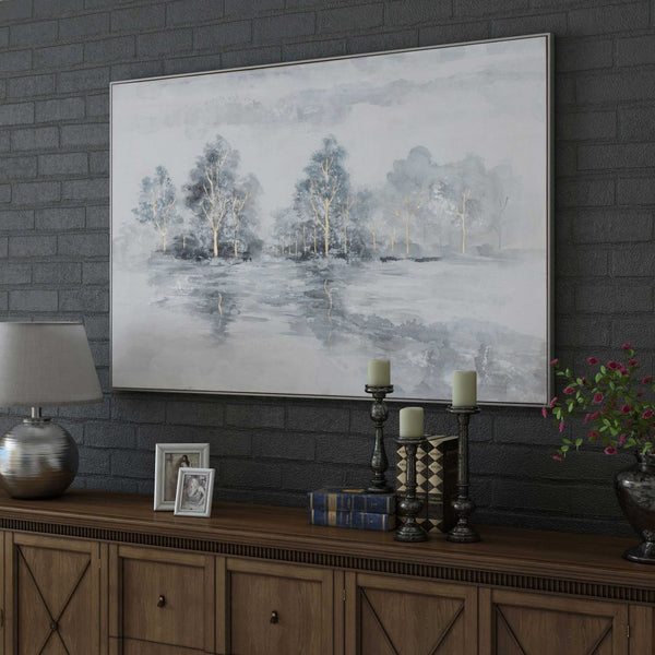 HomeRoots Winter's Woods Hand Painted Silver Floater Frame Art - Bold, Elegant Canvas for Modern Spaces 576574