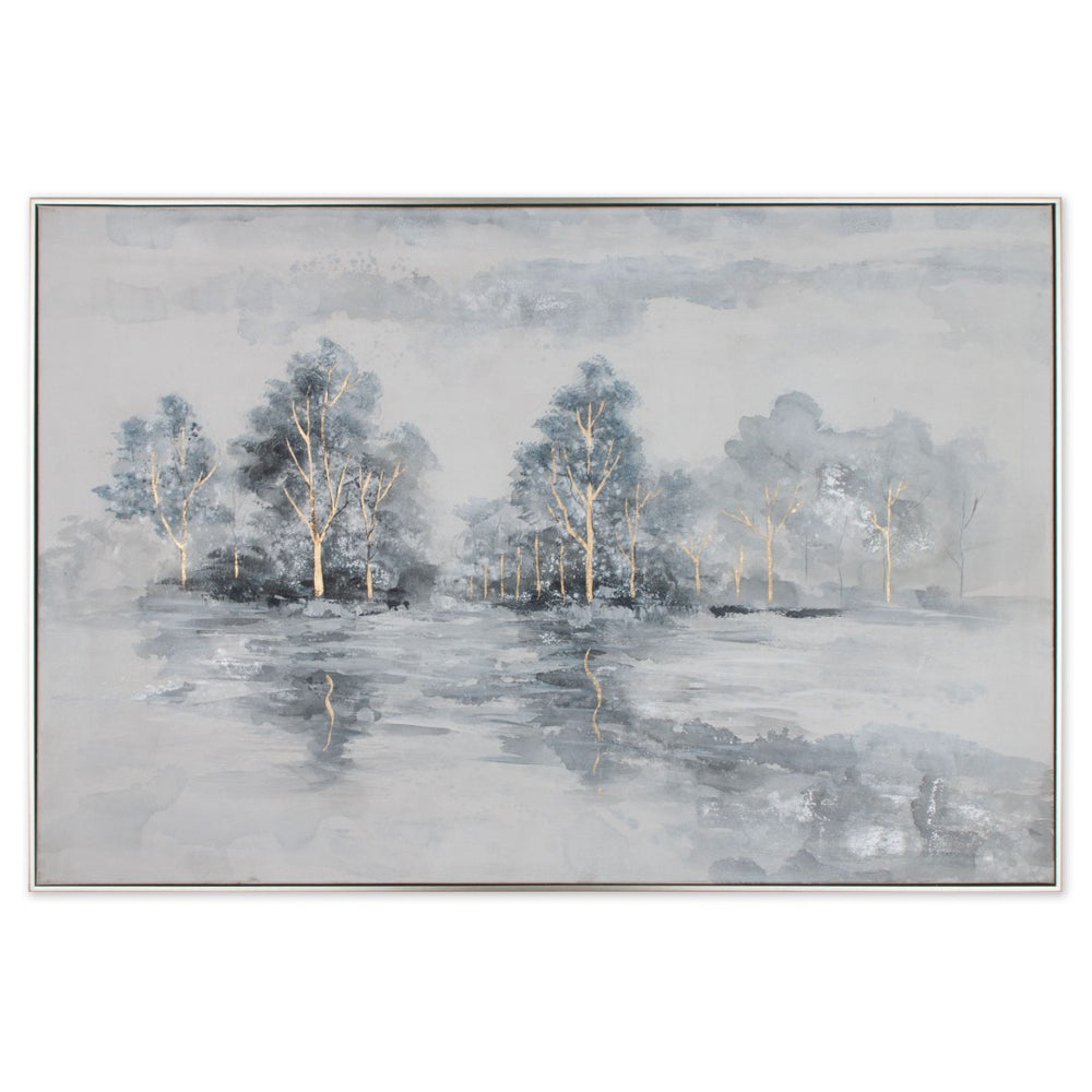 HomeRoots Winter's Woods Hand Painted Silver Floater Frame Art - Bold, Elegant Canvas for Modern Spaces 576574