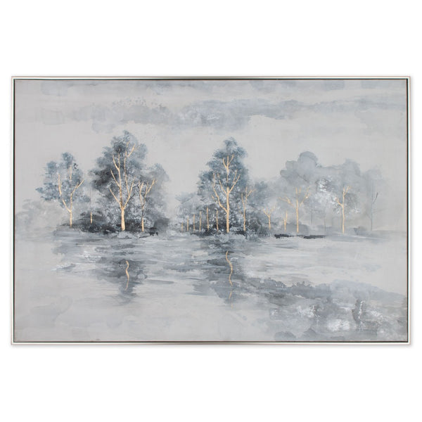 HomeRoots Winter's Woods Hand Painted Silver Floater Frame Art - Bold, Elegant Canvas for Modern Spaces 576574