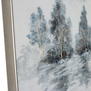 HomeRoots Winter's Woods Hand Painted Silver Floater Frame Art - Bold, Elegant Canvas for Modern Spaces 576574
