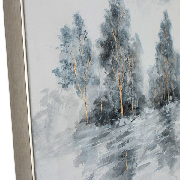 HomeRoots Winter's Woods Hand Painted Silver Floater Frame Art - Bold, Elegant Canvas for Modern Spaces 576574