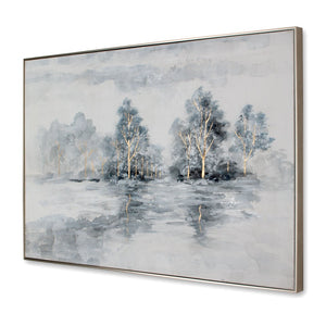 HomeRoots Winter's Woods Hand Painted Silver Floater Frame Art - Bold, Elegant Canvas for Modern Spaces 576574