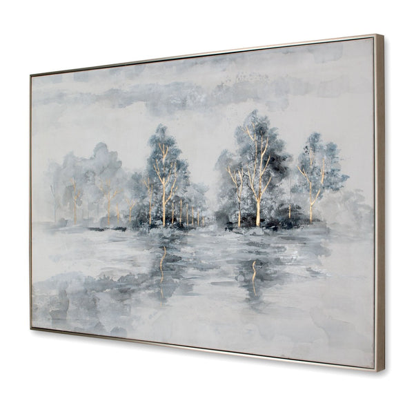 HomeRoots Winter's Woods Hand Painted Silver Floater Frame Art - Bold, Elegant Canvas for Modern Spaces 576574