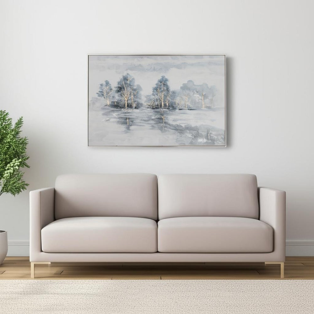 HomeRoots Winter's Woods Hand Painted Silver Floater Frame Art - Bold, Elegant Canvas for Modern Spaces 576574