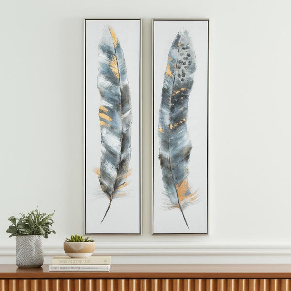 HomeRoots Set Of Two Hand-Painted Calamus Wall Art in Silver Floater Frames – Modern Elegance for Any Space 576577