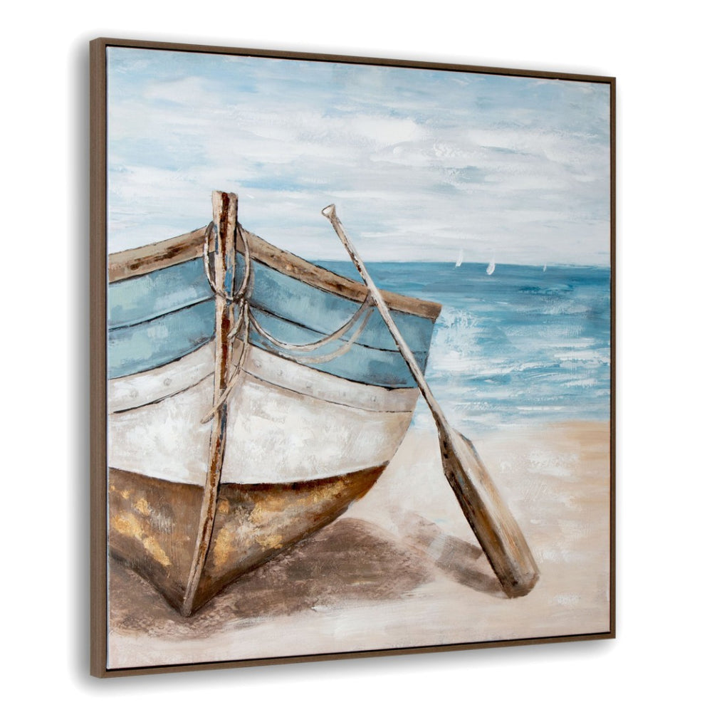 HomeRoots Lakeshore Hand-Painted Canvas Art in Brown Floater Frame - Modern Wall Decor for Any Space 576580