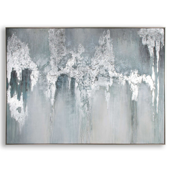 HomeRoots Exquisite Hand-Painted Aquamarine Canvas Art in Silver Floater Frame for Modern Home Decor 576587