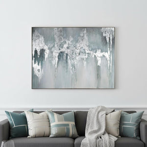 HomeRoots Exquisite Hand-Painted Aquamarine Canvas Art in Silver Floater Frame for Modern Home Decor 576587