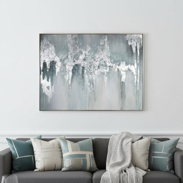 HomeRoots Exquisite Hand-Painted Aquamarine Canvas Art in Silver Floater Frame for Modern Home Decor 576587