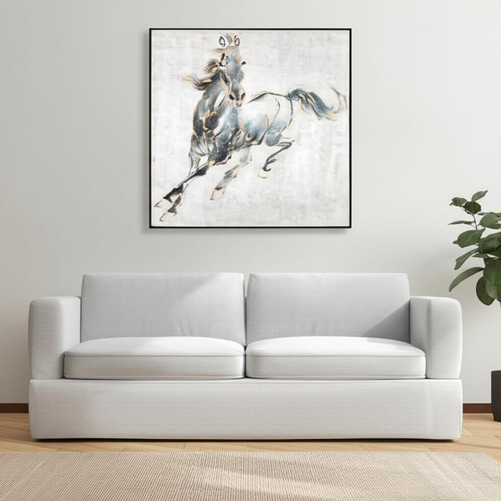 HomeRoots Prancing Stallion Hand-Painted Canvas Art in Black Floater Frame for Rustic Home Decor Focal Point 576590