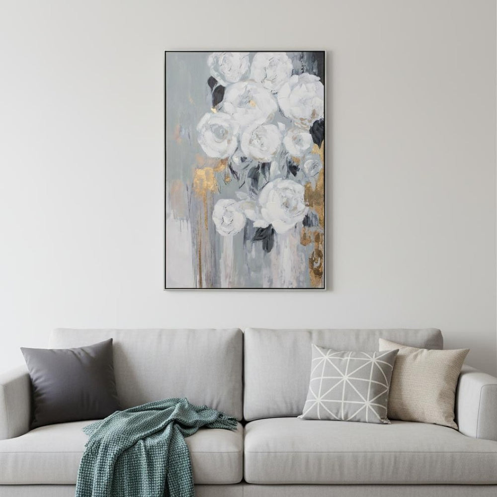 HomeRoots Blanc Fleur Hand-Painted Canvas Art in Black Floater Frame - Stylish, Ready to Hang Wall Decor 576592
