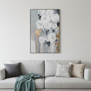 HomeRoots Blanc Fleur Hand-Painted Canvas Art in Black Floater Frame - Stylish, Ready to Hang Wall Decor 576592