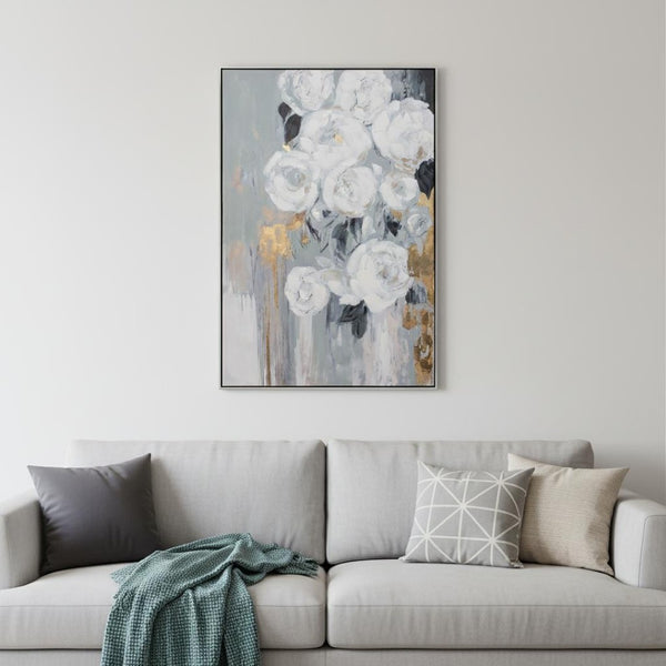 HomeRoots Blanc Fleur Hand-Painted Canvas Art in Black Floater Frame - Stylish, Ready to Hang Wall Decor 576592