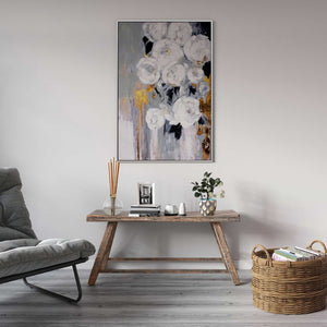 HomeRoots Blanc Fleur Hand-Painted Canvas Art in Black Floater Frame - Stylish, Ready to Hang Wall Decor 576592
