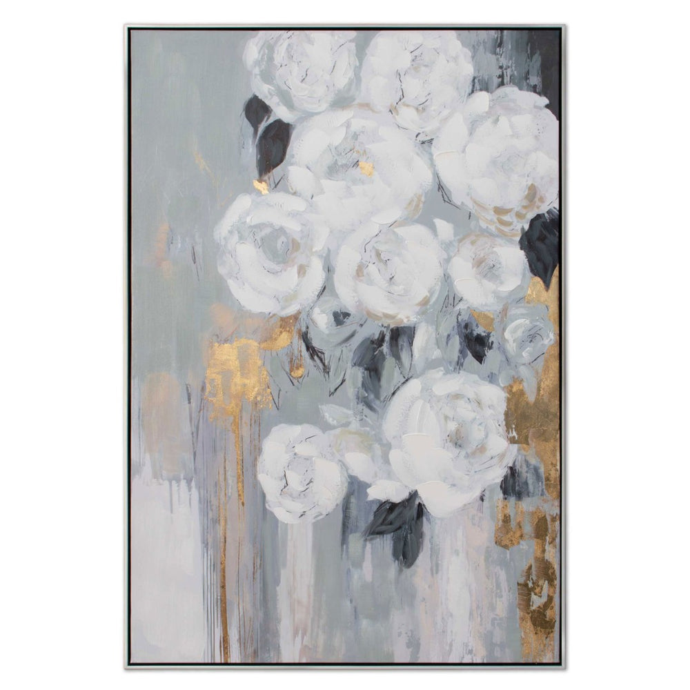 HomeRoots Blanc Fleur Hand-Painted Canvas Art in Black Floater Frame - Stylish, Ready to Hang Wall Decor 576592