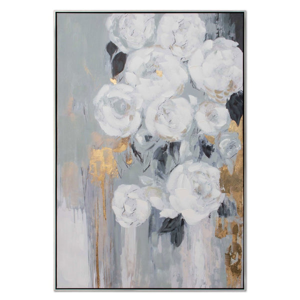 HomeRoots Blanc Fleur Hand-Painted Canvas Art in Black Floater Frame - Stylish, Ready to Hang Wall Decor 576592
