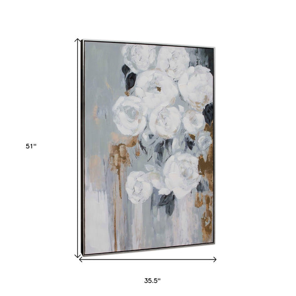 HomeRoots Blanc Fleur Hand-Painted Canvas Art in Black Floater Frame - Stylish, Ready to Hang Wall Decor 576592