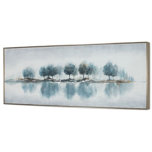 HomeRoots Blue Woods Hand-Painted Canvas in Silver Floater Frame – Stunning Wall Art for Modern Interiors 576594
