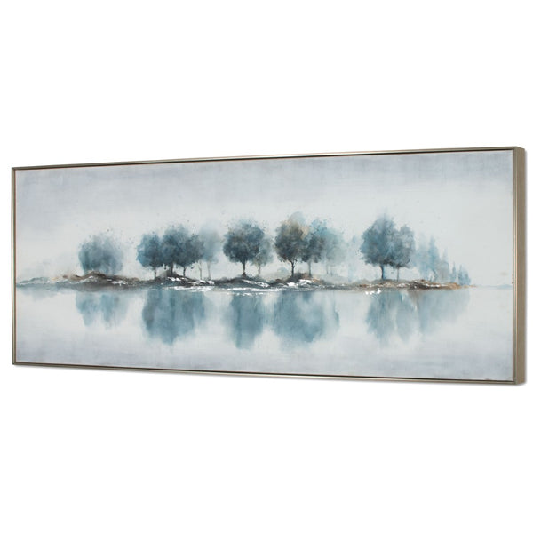 HomeRoots Blue Woods Hand-Painted Canvas in Silver Floater Frame – Stunning Wall Art for Modern Interiors 576594