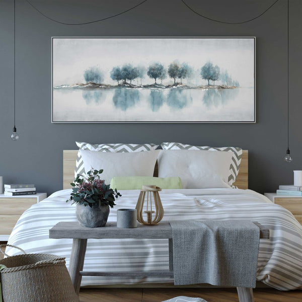 HomeRoots Blue Woods Hand-Painted Canvas in Silver Floater Frame – Stunning Wall Art for Modern Interiors 576594